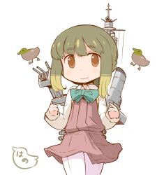 Rule 34 | 10s, 1girl, artist name, bird, bob cut, bow, bowtie, brown eyes, commentary request, dress, duck, green hair, hanomido, kantai collection, machinery, pantyhose, shirt, short hair, simple background, sleeveless, sleeveless dress, smokestack, solo, takanami (kancolle), turret, wavy mouth, white background, white pantyhose, white shirt