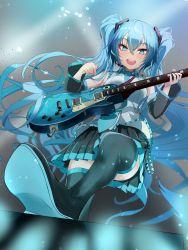 Rule 34 | 1girl, :d, absurdres, aqua necktie, black skirt, black sleeves, blue eyes, blue hair, blurry, boots, depth of field, detached sleeves, electric guitar, foreshortening, from below, glowing, grey shirt, guitar, hair between eyes, hair ornament, hatsune miku, headset, highres, holding, instrument, kawasuru, light rays, long hair, looking at viewer, looking down, music, necktie, open mouth, playing instrument, pleated skirt, plectrum, shirt, skirt, sleeveless, sleeveless shirt, smile, solo, stepping, thigh boots, twintails, very long hair, vocaloid
