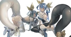 Rule 34 | 2girls, all fours, alternate color, ass, back, bare shoulders, black panties, black thighhighs, blue hair, breasts, butt crack, detached sleeves, dizzy (guilty gear), dual persona, from behind, guilty gear, guilty gear xrd, hair between eyes, hair over one eye, hair ribbon, hair rings, high heels, highres, kneeling, large breasts, large tail, long hair, looking at viewer, looking back, monster girl, multiple girls, o-ring, o-ring top, oeillet vie, panties, red eyes, ribbon, shaded face, showgirl skirt, sideboob, simple background, sitting, skirt, tail, tail ornament, tail ribbon, thick thighs, thigh strap, thighhighs, thighs, twintails, underwear, upskirt, wariza, white background, white panties, white thighhighs, yellow ribbon