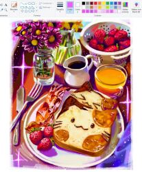 alwaysalele art_program_in_frame bacon border bread bread_slice creamer_(vessel) flower food food_focus fruit glass_teacup jar microsoft_paint_(software) original plate purple_flower strawberry toast water