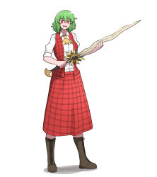 Rule 34 | 1girl, absurdres, ascot, boots, breasts, collared shirt, commentary, english commentary, final fantasy, final fantasy xii, flower, green hair, highres, kazami yuuka, looking at viewer, mata (matasoup), open clothes, open mouth, open vest, plaid, plaid skirt, plaid vest, red eyes, red vest, runes, shirt, simple background, skirt, skirt set, sleeves rolled up, small breasts, solo, standing, sunflower, sword, touhou, vest, weapon, white background, white shirt, yellow ascot