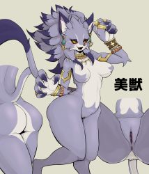 Rule 34 | 1girl, alternate form, animal ears, anus, armlet, ass, bracelet, breasts, breasts apart, cat ears, cat girl, cat tail, claws, clitoral hood, colored sclera, earrings, eyelashes, fangs, furry, streaked hair, highres, isabella (seiken densetsu 3), jewelry, looking at viewer, medium breasts, multicolored hair, necklace, no nipples, nude, open mouth, purple fur, purple hair, pussy, red sclera, ring, san ruishin, seiken densetsu, seiken densetsu 3, simple background, slit pupils, smile, spread legs, tail, thick thighs, thighs, two-tone hair, uncensored, wide hips, yellow eyes