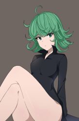 Rule 34 | 1girl, bare legs, black dress, breasts, crossed legs, curly hair, dress, green eyes, green hair, grey background, legs, lizta, no panties, one-punch man, short hair, simple background, sitting, small breasts, solo, tatsumaki, thighs