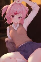 Rule 34 | 1girl, blazer, blue skirt, blurry, blurry background, blush, breasts, bright pupils, brown jacket, brown sweater vest, clenched hand, commentary, depth of field, doki doki literature club, dress shirt, dusk, eyelashes, film grain, hair ornament, hair ribbon, hand on own head, hand up, highres, indoors, jacket, light blush, long sleeves, looking at viewer, natsuki (doki doki literature club), off shoulder, on ground, open clothes, open jacket, parted lips, pink eyes, pink hair, pleated skirt, red ribbon, ribbon, school uniform, shirt, short hair, sitting, skindentation, skirt, small breasts, socks, solo, sweater vest, swept bangs, thighs, two side up, v-shaped eyebrows, white pupils, white shirt, white socks, x hair ornament, xian ovo, yokozuwari