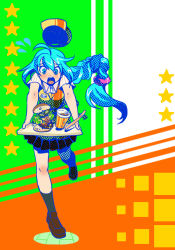 Rule 34 | 1girl, aqua eyes, aqua hair, drink, drinking straw, food, burger, hat, hatsune miku, loafers, long hair, open mouth, ponytail, shoes, skirt, socks, solo, tomabo, tray, very long hair, vocaloid