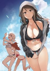 Rule 34 | 10s, 3girls, aki (girls und panzer), ass, bare shoulders, bikini, bikini under clothes, black bikini, blonde hair, blush, breasts, brown eyes, brown hair, cleavage, cloud, collarbone, day, front-tie top, girls und panzer, grey eyes, hat, highres, jacket, large breasts, long hair, looking at viewer, low twintails, mika (girls und panzer), mikko (girls und panzer), multiple girls, muteki soda, navel, open mouth, red bikini, red eyes, red hair, short hair, short twintails, sky, small breasts, smile, swimsuit, swimsuit under clothes, thigh gap, torso grab, track jacket, twintails, unzipping, wet, white bikini, zipper, zipper pull tab