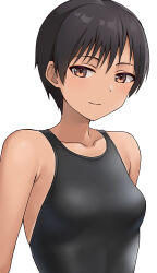 Rule 34 | 1girl, black hair, breasts, brown eyes, closed mouth, collarbone, commentary request, competition swimsuit, hashi, looking at viewer, medium breasts, one-piece swimsuit, original, short hair, simple background, smile, solo, swimsuit, tan, tanline, tomboy, white background