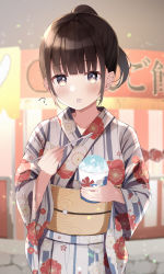 Rule 34 | 1girl, ?, absurdres, akagikou, blush, brown eyes, brown hair, commentary request, cup, disposable cup, floral print, food, highres, holding, holding cup, holding spoon, japanese clothes, kimono, long sleeves, looking at viewer, market stall, obi, original, ponytail, print kimono, sash, shaved ice, solo, spoon, striped clothes, striped kimono, summer festival, tongue, tongue out, vertical-striped clothes, vertical-striped kimono, wide sleeves, yukata
