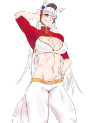 Rule 34 | 1girl, alternate costume, animal ears, arm up, breasts, cleavage, commentary request, cowboy shot, cropped shirt, gold ship (umamusume), grey hair, grin, hand on own hip, highres, horse ears, horse girl, horse tail, large breasts, long hair, looking at viewer, midriff, minew, navel, pants, pillbox hat, red eyes, red shirt, shirt, simple background, smile, solo, sports bra, sweat, tail, umamusume, white background, white pants, white sports bra
