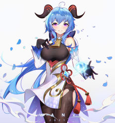 Rule 34 | 2021, absurdres, ahoge, artist name, bare shoulders, black bow, black gloves, black pantyhose, blue hair, blush, bodystocking, bow, breasts, cowboy shot, detached sleeves, flower knot, ganyu (genshin impact), genshin impact, gloves, glowing, gradient background, grey background, hand on own chest, highres, horns, large breasts, long hair, long sleeves, low ponytail, orb, pantyhose, parted lips, petals, purple eyes, red ribbon, ribbon, sidelocks, smile, solo, tassel, torn bodystocking, torn clothes, very long hair, wanv wang