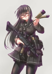 Rule 34 | 1girl, ayyh, belt, black hair, contrapposto, glasses, gun, highres, long hair, looking at viewer, looking to the side, magazine (weapon), original, pantyhose, pleated skirt, pouch, red eyes, school uniform, semi-rimless eyewear, simple background, skirt, smile, solo, standing, submachine gun, sweater, trigger discipline, utility belt, weapon, wind