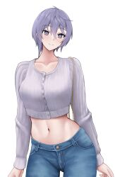 Rule 34 | 1girl, azur lane, bellona (azur lane), breasts, commentary request, cowboy shot, crop top, denim, grey eyes, grey hair, grey shirt, highres, jakqbigone, jeans, long sleeves, looking at viewer, medium breasts, midriff, navel, pants, shirt, short hair, simple background, smile, solo, standing, stomach, white background