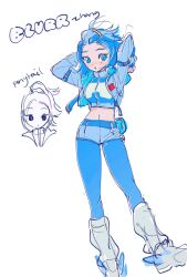 Rule 34 | 1girl, :o, bangs pinned back, blue hair, blue jacket, blue pantyhose, blue shorts, blue sweater, blurr (transformers), blush, boots, breasts, character name, cropped jacket, full body, genderswap, genderswap (mtf), grey footwear, humanization, jacket, looking to the side, medium breasts, midriff, mu (meatfriedsteak), multiple views, navel, open mouth, pantyhose, ponytail, shorts, simple background, sketch, solo focus, sweater, transformers, white background, winged footwear