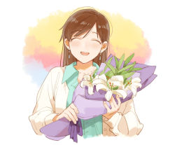 Rule 34 | 10s, 1girl, ^ ^, ahn, bouquet, brown hair, collared shirt, earrings, closed eyes, flower, holding bouquet, idolmaster, idolmaster cinderella girls, jacket, jewelry, lily (flower), long hair, long sleeves, necktie, nitta minami, open mouth, shirt, smile, solo, upper body