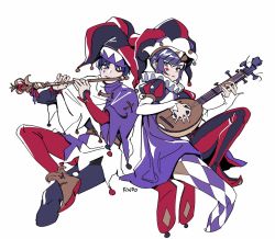 Rule 34 | 1boy, 1girl, absurdres, artist name, belt, crossed legs, eyebrows hidden by hair, findoworld, flute, genshin impact, grey eyes, hair between eyes, hat, highres, holding, holding instrument, instrument, jester, jester cap, knees up, long sleeves, looking at another, lute (instrument), mona (genshin impact), one eye closed, puffy sleeves, purple eyes, purple hair, scaramouche (genshin impact), sidelocks, star tattoo, tattoo, teardrop tattoo, white background