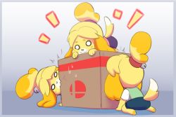 Rule 34 | 1girl, :3, afterimage, animal crossing, animal ears, blonde hair, box, brachyartz, cardboard box, chewing, chibi, clone, commentary, dog ears, dog girl, dog tail, english commentary, furry, furry female, isabelle (animal crossing), nintendo, o o, short eyebrows, skirt, solo, super smash bros., tail, topknot