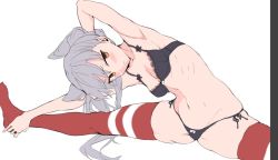 Rule 34 | 1girl, alternate hairstyle, amatsukaze (kancolle), arm up, armpits, bikini, black bra, black panties, blush, bow, bow panties, bra, breasts, brown eyes, cleavage, collarbone, commentary request, grey hair, kantai collection, long hair, navel, panties, red thighhighs, side-tie bikini bottom, side-tie panties, sitting, small breasts, solo, spread legs, stretching, swimsuit, thighhighs, twintails, two side up, underwear, underwear only, unfinished, yukiguni yuu