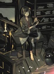 Rule 34 | bare shoulders, black hair, book, book stack, candle, candlelight, candlestand, child, closed mouth, commentary, commentary request, green eyes, highres, holding, holding book, japanese clothes, kuro the divine heir, long sleeves, open book, petals, pot, sekiro: shadows die twice, sitting, solo, stairs, symbol-only commentary, taisowbukurow, wooden floor