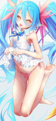 Rule 34 | 1girl, bare legs, barefoot, blue hair, bombergirl, brown eyes, cameltoe, clothes lift, dress, dress lift, feet, female focus, flat chest, frilled dress, frills, hair between eyes, hesoten, highres, lewisia aquablue, lifted by self, looking at viewer, panties, pink panties, pointy ears, short dress, side-tie panties, sleeveless, sleeveless dress, soles, solo, toes, tongue, tongue out, twintails, underwear, white dress