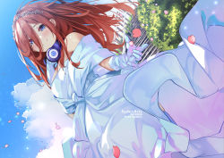 Rule 34 | 1girl, bare shoulders, blue eyes, blue sky, blush, breasts, brown hair, cleavage, closed mouth, cloud, dress, dutch angle, gloves, go-toubun no hanayome, hair between eyes, headband, headphones, headphones around neck, large breasts, long hair, long sleeves, looking at viewer, nakano miku, off-shoulder dress, off shoulder, outdoors, outstretched arm, petals, sky, smile, solo, stairs, strapless, strapless dress, sydus, wedding dress, white dress, white gloves