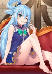 Rule 34 | 1girl, aqua (konosuba), arm support, bare arms, bare legs, barefoot, blue eyes, blue hair, blue shirt, blue skirt, bow, commentary request, couch, eyelashes, feet on chair, food, food in mouth, green bow, hair between eyes, hair ornament, hand up, holding, holding food, knee up, kono subarashii sekai ni shukufuku wo!, long hair, mouth hold, no panties, one eye closed, pensuke, pleated skirt, pocky, pocky day, shirt, sidelocks, sitting, skirt, solo, x hair ornament