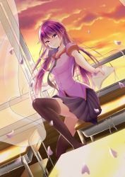 Rule 34 | 1girl, absurdres, bakemonogatari, black thighhighs, blue skirt, blurry, blurry foreground, breasts, classroom, cloud, cloudy sky, collarbone, collared shirt, commentary request, crying, crying with eyes open, depth of field, desk, dutch angle, feet out of frame, hair between eyes, hair blowing, highres, holding, holding letter, juliet sleeves, knee up, letter, lips, long hair, long sleeves, looking at viewer, makasamalove, medium breasts, monogatari (series), necktie, on desk, open window, outstretched arm, pleated skirt, puffy sleeves, purple eyes, purple shirt, senjougahara hitagi, shadow, shirt, short sleeves, sidelocks, sitting, on desk, skirt, sky, sleeve cuffs, smile, solo, sunset, tears, thighhighs, window