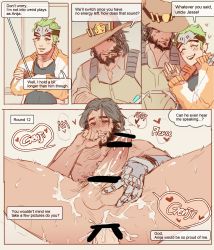 Rule 34 | 2boys, age difference, anal, bara, beard, blush, body hair, brown hair, cassidy (overwatch), censored, chest hair, cum, dark skin, earrings, english text, erection, facial hair, francishsie, genji (overwatch), green hair, heart, heart-shaped pupils, highres, jewelry, male focus, male penetrated, multiple boys, muscular, naughty face, nude, overwatch, overwatch 1, penis, piercing, pubic hair, saliva, sex, sweat, symbol-shaped pupils, text focus, yaoi