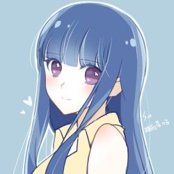 Rule 34 | 1girl, blue hair, blunt bangs, blush, chinese commentary, closed mouth, commentary request, copyright request, from side, kaoruru (sakuno2911), long hair, looking at viewer, looking to the side, purple eyes, shirt, smile, solo, upper body, yellow shirt