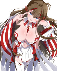 Rule 34 | + +, 1girl, absurdres, bare shoulders, between breasts, blue eyes, blush, breasts, brown hair, chinese knot, cleavage, detached collar, detached sleeves, earrings, fingernails, floral print, flower-shaped pupils, flower knot, highres, japanese clothes, jewelry, large breasts, long hair, looking at viewer, multicolored hair, navel, neck tassel, open mouth, red hair, revealing clothes, ryou.r, senran kagura, senran kagura new link, smile, solo, streaked hair, symbol-shaped pupils, tassel, toki (senran kagura), tongue, wide sleeves