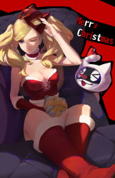 Rule 34 | 10s, 1girl, begreen, blonde hair, blue eyes, boots, breasts, choker, christmas, cleavage, earrings, full body, gift, gloves, highres, jewelry, long hair, looking at viewer, mask, medium breasts, merry christmas, morgana (persona 5), one eye closed, persona, persona 5, smile, solo, takamaki anne, twintails, whip