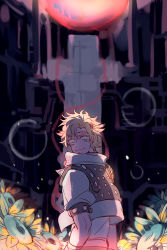 Rule 34 | 1boy, blonde hair, caesar anthonio zeppeli, cropped jacket, cross, facial mark, feather hair ornament, feathers, fingerless gloves, flower, gloves, glowing, glowing eyes, green eyes, hair ornament, headband, jojo no kimyou na bouken, looking at viewer, looking back, male focus, senzzang, smile, solo, sunflower