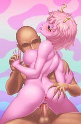 Rule 34 | 10s, 1boy, 1girl, antennae, anus, arched back, ashido mina, ass, ass grab, back, bald, black sclera, blush, boku no hero academia, breasts, censored, colored sclera, colored skin, completely nude, faceless, faceless male, from behind, gaping, geworin, grabbing another&#039;s ass, groping, holding hands, hetero, highres, looking at viewer, looking back, medium breasts, nipples, nude, penis, pink hair, pink skin, pointless censoring, pussy, pussy juice, sex, short hair, spread anus, tongue, tongue out, vaginal, yellow eyes