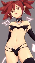 Rule 34 | 1girl, breasts, collar, demon girl, disgaea, ear piercing, etna (disgaea), food, highres, lipstick, makeup, muffin, piercing, pointy ears, red eyes, red hair, solaria aa, tail, thighhighs, thong, twintails, underboob, wings