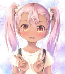 Rule 34 | 1girl, blush, brown eyes, chloe von einzbern, dark skin, dark-skinned female, double v, fate/kaleid liner prisma illya, fate (series), hair ornament, heart, heart-shaped pupils, looking at viewer, open mouth, pink hair, pu-en, smile, solo, star (symbol), starry background, suspenders, symbol-shaped pupils, twintails, upper body, v