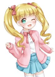 Rule 34 | 1girl, ;d, alice cartelet, alice cartelet (cosplay), aqua eyes, blonde hair, blue skirt, blunt bangs, blush, bow, collared shirt, cosplay, hair bow, highres, idolmaster, idolmaster cinderella girls, jacket, kin-iro mosaic, long hair, long sleeves, looking at viewer, mary cochran, one eye closed, open clothes, open jacket, open mouth, pink bow, pink jacket, pleated skirt, puffy long sleeves, puffy sleeves, regular mow, shirt, simple background, skirt, sleeves past wrists, smile, solo, striped, striped bow, thighhighs, twintails, white background, white shirt, white thighhighs
