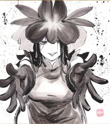 Rule 34 | 1girl, absurdres, breasts, china dress, chinese clothes, dress, elbow gloves, flower, flower on head, gloves, greyscale, highres, long hair, looking at viewer, monochrome, orchid, outstretched hand, smile, solo, touhou, traditional media, upper body, yomotsu hisami, yuzuha (yuzutime)