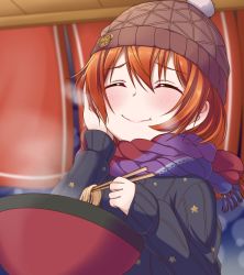 Rule 34 | 1girl, bowl, chopsticks, closed eyes, commentary, eating, english commentary, festival, food, foodgasm, hair between eyes, hand on own cheek, hand on own face, hat, highres, hoshizora rin, jan azure, knit hat, love live!, love live! school idol project, multicolored neckwear, noodles, orange hair, ramen, scarf, short hair, solo, star (symbol), star print, steam, sweater, upper body