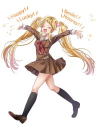 Rule 34 | 1girl, ^ ^, akaneya-ya, alternate hairstyle, bang dream!, black socks, blonde hair, blush, brown footwear, catchphrase, closed eyes, commentary request, diagonal bangs, english text, full body, hanasakigawa school uniform, happy, kneehighs, loafers, long hair, long sleeves, open mouth, outstretched arms, pom pom (clothes), red ribbon, ribbon, sailor collar, school uniform, shoes, sidelocks, smile, socks, solo, spread arms, star (symbol), tsurumaki kokoro, twintails, very long hair, walking, white background