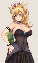 Rule 34 | 1girl, alp, armlet, bare shoulders, black dress, blonde hair, blue eyes, bowsette, bracelet, breasts, collar, covered navel, crown, dress, highres, horns, jewelry, large breasts, long hair, looking at viewer, mario (series), new super mario bros. u deluxe, nintendo, ponytail, shiny skin, simple background, solo, spiked bracelet, spiked collar, spikes, standing, strapless, strapless dress, super crown, tail, turtle shell