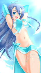 Rule 34 | 1girl, :d, ahoge, armpits, arms behind head, arms up, blue eyes, blue hair, braid, breasts, covered erect nipples, day, elbow gloves, fang, female focus, ganaha hibiki, gloves, happy, highres, idolmaster, idolmaster (classic), large breasts, long hair, matching hair/eyes, navel, open mouth, outdoors, perky breasts, rokujiru, rokushiru (muzai-p), sarong, smile, solo, standing, thighs