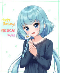 Rule 34 | 1girl, :d, aikatsu! (series), aikatsu friends!, aikatsu on parade!, alicia charlotte, bad id, bad pixiv id, black dress, blue eyes, blue hair, blush, braid, character name, commentary request, dated, dress, floral background, flower, frilled dress, frills, happy birthday, head tilt, holding, holding flower, long hair, long sleeves, looking at viewer, low twintails, open mouth, smile, solo, twintails, twitter username, upper body, very long hair, white background, white flower, yumoran