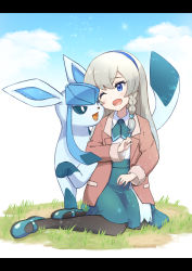Rule 34 | 1girl, black pantyhose, blonde hair, blue eyes, blue hairband, blush, braid, brown jacket, cloud, collared shirt, commentary request, creatures (company), day, eyelashes, fur-trimmed jacket, fur trim, game freak, gen 4 pokemon, glaceon, grass, green footwear, green neckerchief, green skirt, hairband, highres, ishikane aoi, jacket, letterboxed, long hair, long sleeves, neckerchief, nintendo, open clothes, open jacket, open mouth, outdoors, pantyhose, pokemon, pokemon (anime), pokemon (creature), pokemon journeys, regina (pokemon), shirt, shoes, sitting, skirt, sky, tongue, white shirt