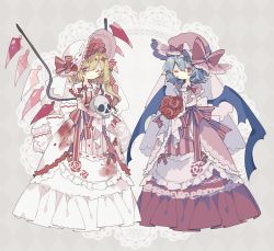 Rule 34 | 2girls, ;), alternate costume, asymmetrical hair, bat wings, blonde hair, blood, blood on clothes, blue hair, blush, bouquet, bow, closed mouth, collarbone, commentary, crystal, dress, flandre scarlet, flower, full body, hair between eyes, hat, hat bow, highres, holding, holding bouquet, holding skull, layered dress, long hair, looking at viewer, medium hair, multiple girls, nikorashi-ka, one eye closed, red bow, red dress, red eyes, red flower, red headwear, red rose, remilia scarlet, rose, siblings, sisters, skull, smile, sun hat, sundress, touhou, veil, white dress, white headwear, wings