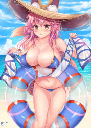 Rule 34 | 1girl, animal ear fluff, animal ears, bare shoulders, beach, ben (ben artworks), bikini, blue bikini, blue sky, blush, breasts, cleavage, collarbone, day, ears through headwear, fate/grand order, fate (series), fox ears, fox girl, fox tail, hat, highres, innertube, large breasts, long hair, looking at viewer, md5 mismatch, navel, ocean, outdoors, pink hair, resolution mismatch, sky, smile, source smaller, straw hat, swim ring, swimsuit, tail, tamamo (fate), tamamo no mae (fate/extra), tamamo no mae (swimsuit lancer) (fate), tamamo no mae (swimsuit lancer) (second ascension) (fate), tamamo no mae (swimsuit lancer) (third ascension) (fate), thighs, yellow eyes