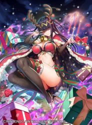 Rule 34 | 1girl, antlers, bell, black hair, boots, box, breasts, candelabra, candle, candlestand, cape, cleavage, closed mouth, fake antlers, fire emblem, fire emblem awakening, fire emblem cipher, fire emblem heroes, full body, fur trim, gift, gift box, holding, horns, knee boots, kousei horiguchi, large breasts, long hair, nintendo, one eye closed, reindeer antlers, ribbon, smile, solo, tharja (fire emblem), tharja (winter) (fire emblem), thighhighs, thighhighs under boots, tiara, v