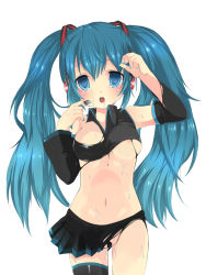 Rule 34 | 1girl, bad id, bad pixiv id, blue eyes, blue hair, blue nails, blush, breasts, hase neet, hatsune miku, large breasts, long hair, matching hair/eyes, midriff, nail polish, nipple slip, nipples, no panties, skirt, solo, sweat, tears, thighhighs, torn clothes, twintails, vocaloid