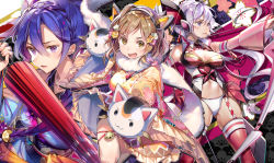 Rule 34 | 3girls, alternate costume, arrow (projectile), bike shorts, bow (weapon), braid, breasts, breasts apart, clothing cutout, commentary request, detached sleeves, drawing bow, dsmile, floral print, flower, gloves, hair between eyes, hair flower, hair ornament, hairclip, has bad revision, has downscaled revision, headgear, headphones, holding, holding bow (weapon), holding weapon, japanese clothes, kazanari tsubasa, kimono, large breasts, leotard, light brown hair, long hair, long sleeves, looking at viewer, low twintails, md5 mismatch, multiple girls, navel, navel cutout, oil-paper umbrella, one side up, orange eyes, pink legwear, purple eyes, resolution mismatch, senki zesshou symphogear, short hair, silver hair, skindentation, smile, source smaller, tachibana hibiki (symphogear), twintails, umbrella, very long hair, weapon, wide sleeves, yukata, yukine chris