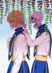 Rule 34 | 1boy, absurdres, blonde hair, earrings, from side, gradient background, hand up, highres, hunter x hunter, jewelry, kurapika, long sleeves, ohmilkt, open mouth, plant, profile, red eyes, shadow, short hair, skeleton, upper body