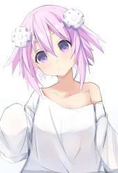 Rule 34 | 1girl, absurdres, bimmy, blush, d-pad, d-pad hair ornament, hair ornament, highres, neptune (neptunia), neptune (series), purple eyes, purple hair, purple ribbon, ribbon, shirt, short hair, simple background, smile, solo, white background