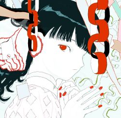 Rule 34 | 1girl, black hair, closed mouth, colored skin, flower, from side, hand up, highres, limited palette, long hair, looking at viewer, looking to the side, nail polish, original, paper chain, portrait, red eyes, red nails, sideways glance, skna i, solo, white skin